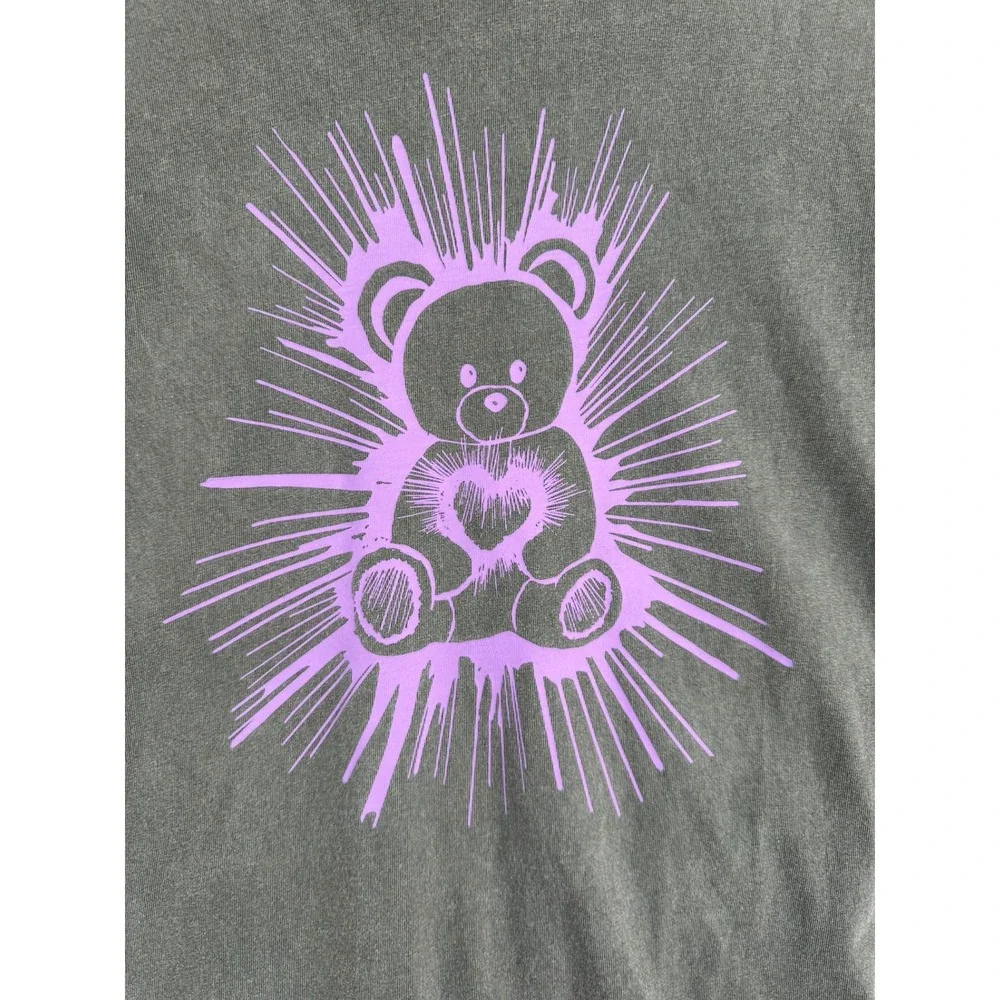 Coach Graphic T-Shirt Women XS Charcoal Purple Teddy Bear Heart Oversized